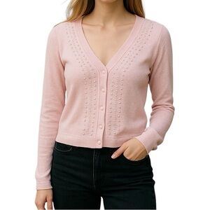 Sostanza Vintage Angora Rabbit Hair Beaded Soft Pale Pink Button Front Cardigan